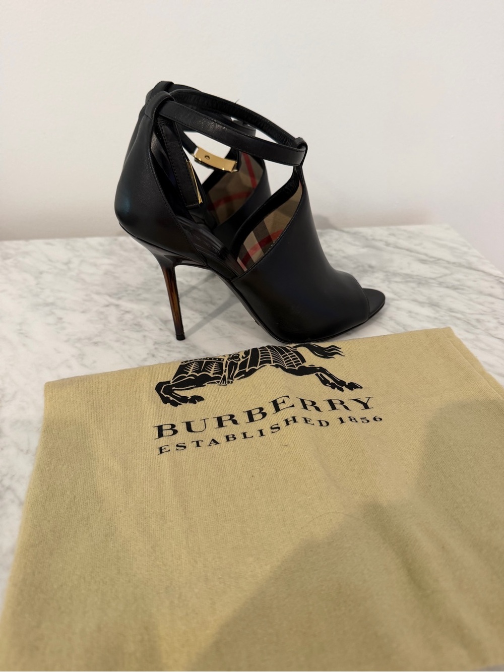 Burberry Black Peep-Toe High Heel Ankle Strap Pumps with Gold Accent 100 - Picture 7 of 8